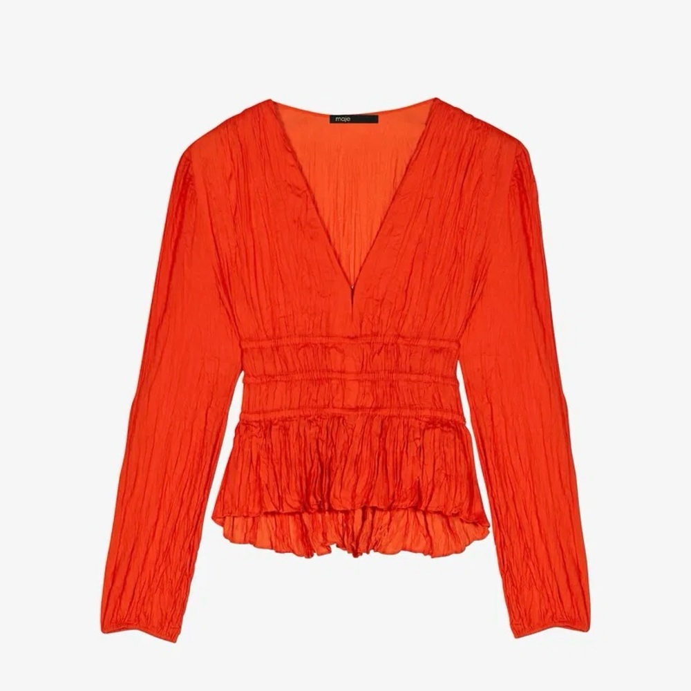 MAJE - Limonade V-neckline Crinkled-Texture Satin Top (1) Rouge Coquelicot NWT